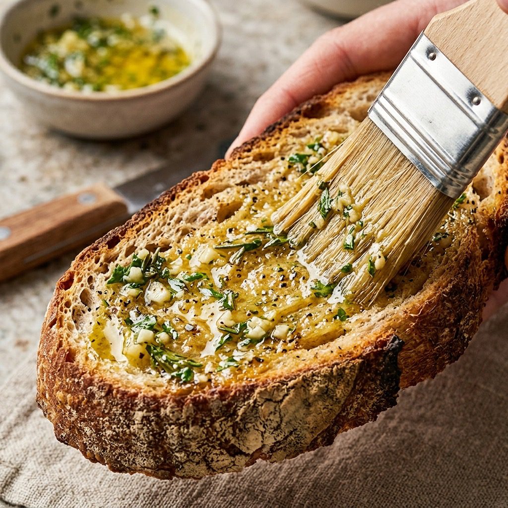 Extreme close-up action shot brushing rich golden herb-and-garlic butter onto a thick slice of rustic crusty bread