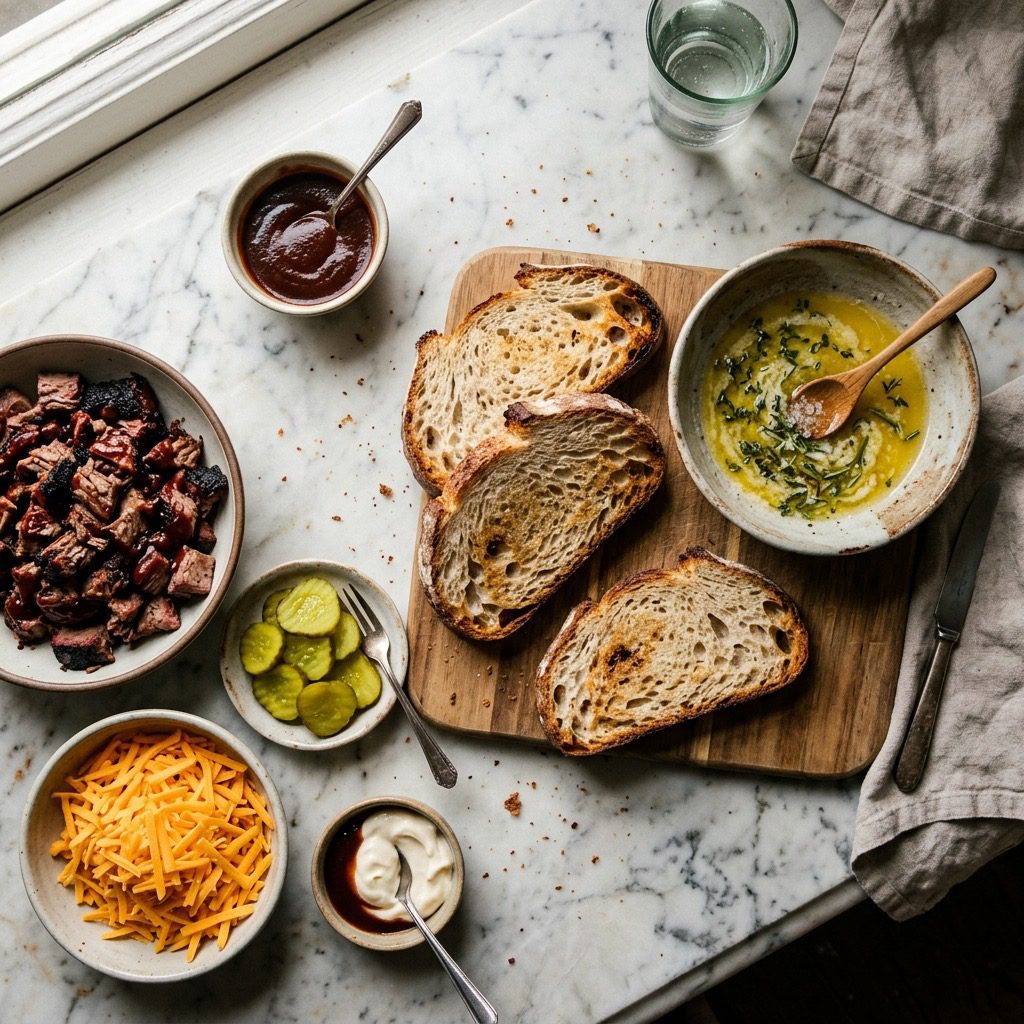Overhead prep shot of thick bread, melted herb butter, chopped smoked brisket, shredded cheddar, pickles, and barbecue sauce on marble