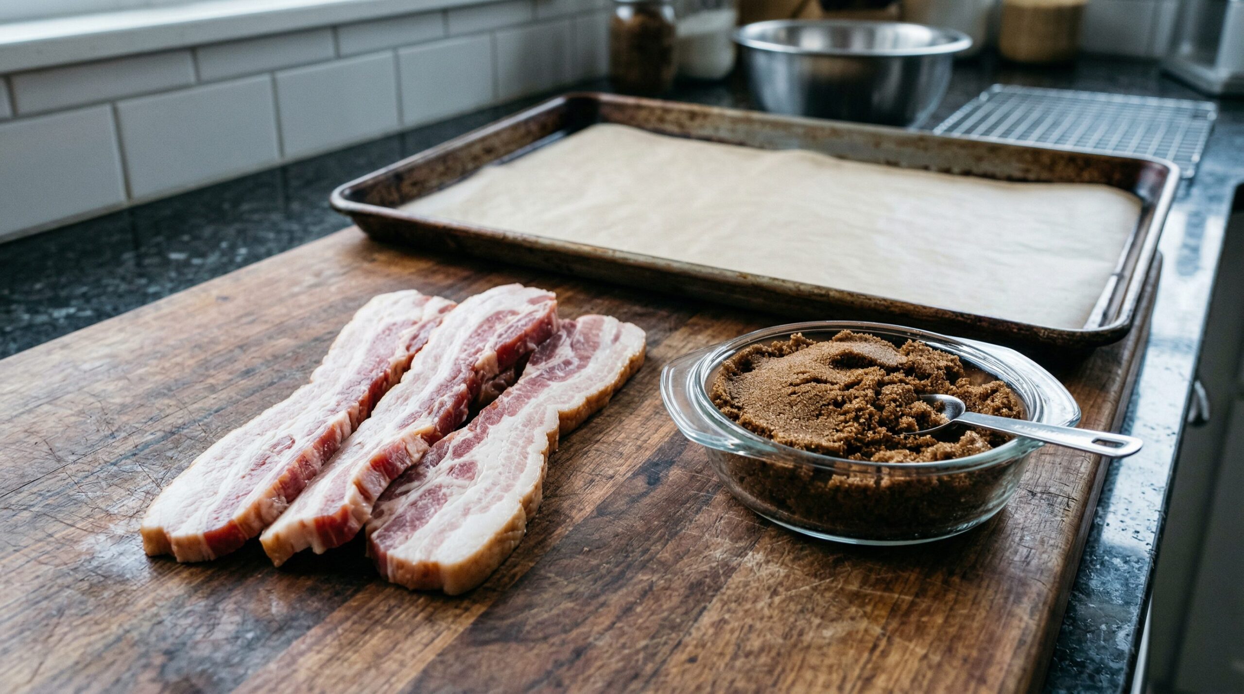 Ingredients for Caramelized Brown Sugar Candied Bacon arranged for preparation