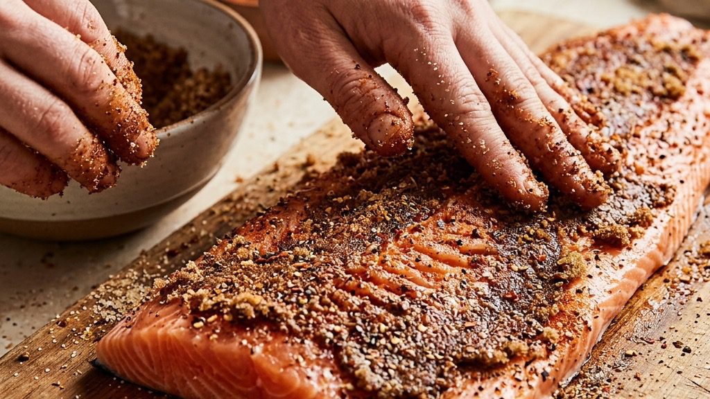 Brown Sugar Glazed Roasted Salmon being prepared