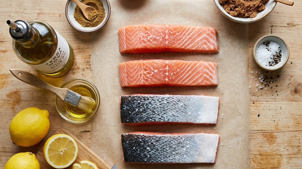 Ingredients for Brown Sugar Glazed Roasted Salmon arranged for preparation