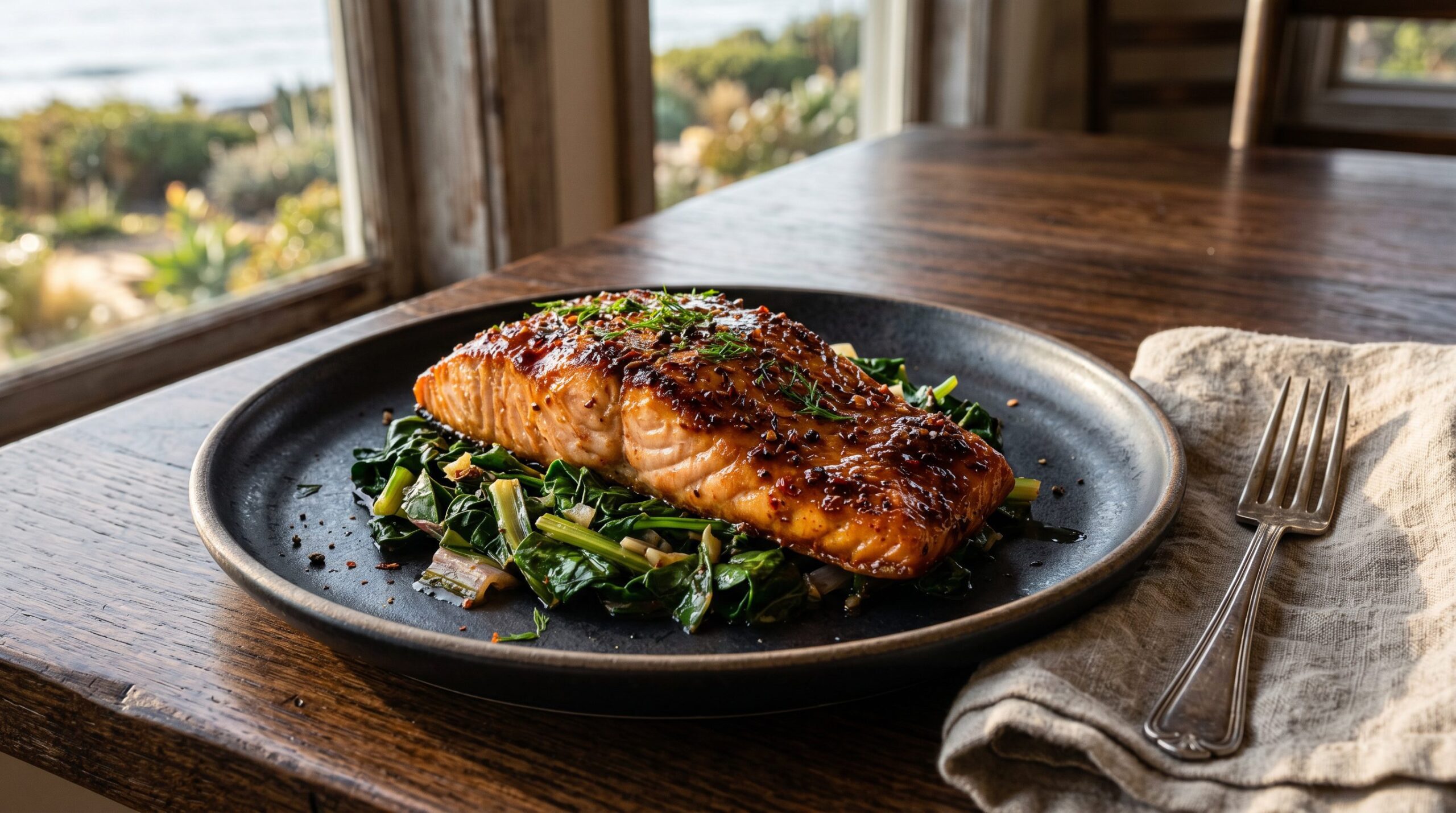 Stunning plated serving of Brown Sugar Glazed Roasted Salmon, a chef-tested recipe by Chef Jorj Morgan.