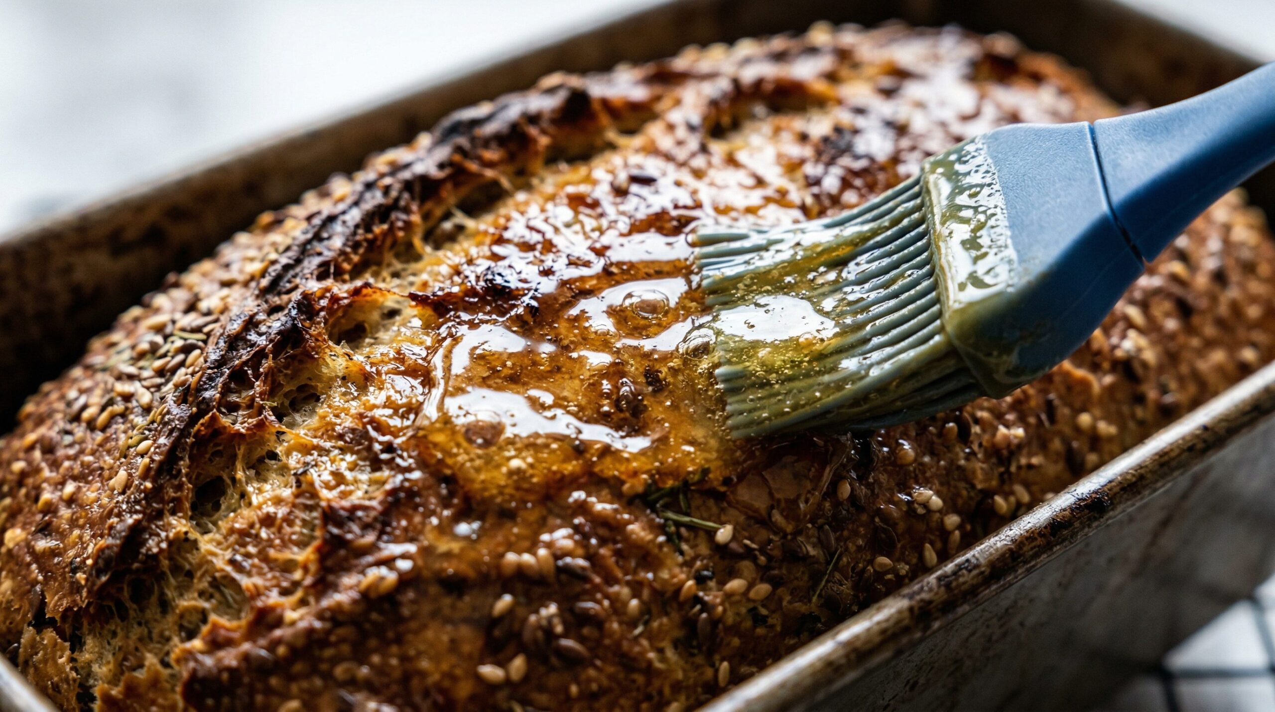 A pastry brush slathering glossy honey-butter glaze over the crust of a hot savory quick bread