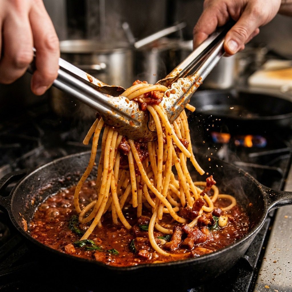 Extreme close-up action shot tossing al dente bucatini pasta directly into a skillet of simmering red tomato sauce and crispy pancetta