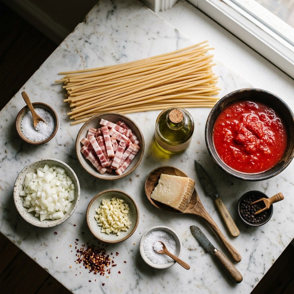 Overhead prep shot of thick bucatini pasta, pancetta sticks, diced onion, minced garlic, crushed tomatoes, olive oil, spices, and Pecorino Romano cheese