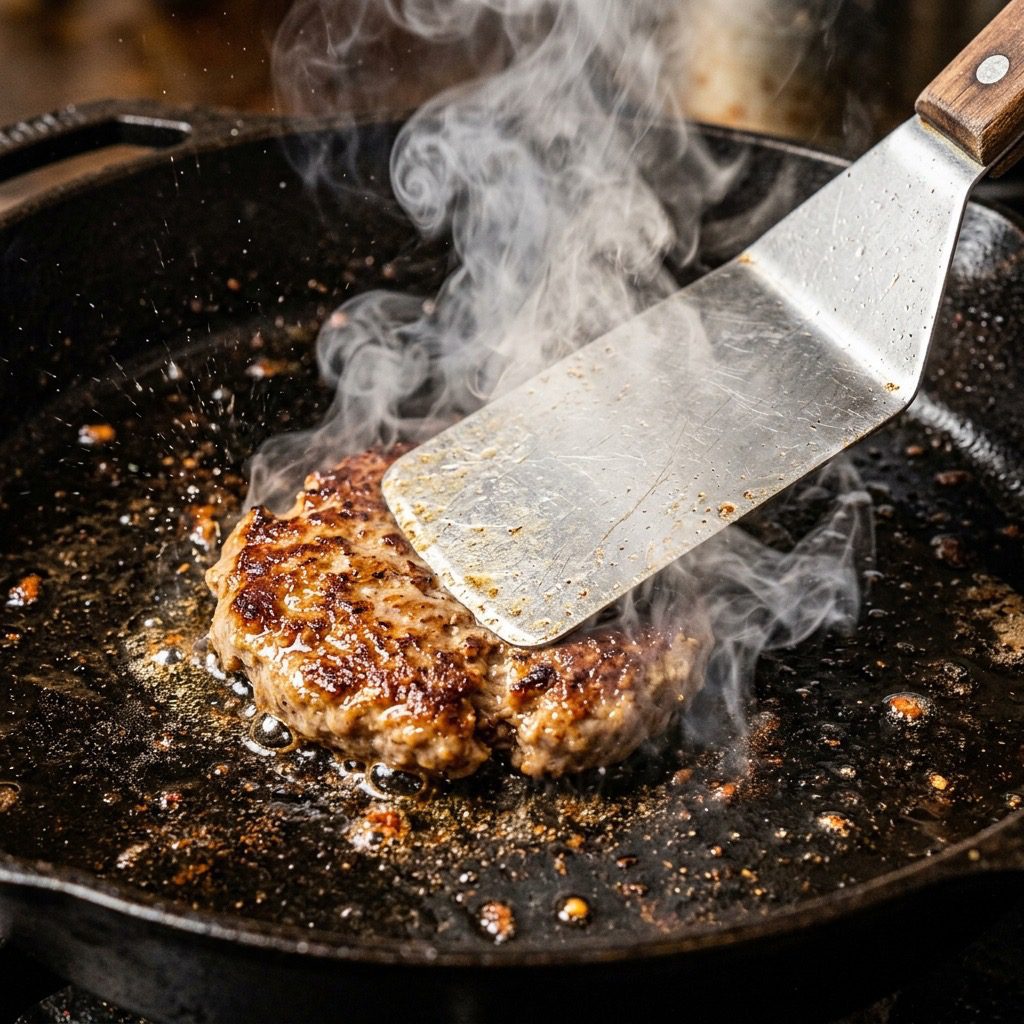 Extreme close-up action shot pressing a silver spatula down on a sizzling pork sausage patty in a cast-iron skillet