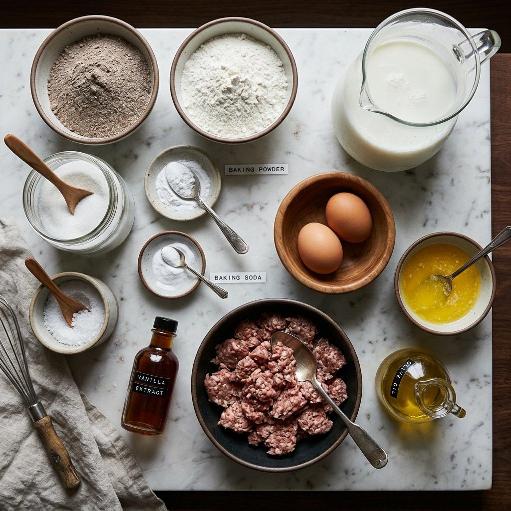 Overhead prep shot of buckwheat flour, all-purpose flour, sugar, baking powder, baking soda, salt, buttermilk, eggs, butter, vanilla, sausage, and olive oil on marble