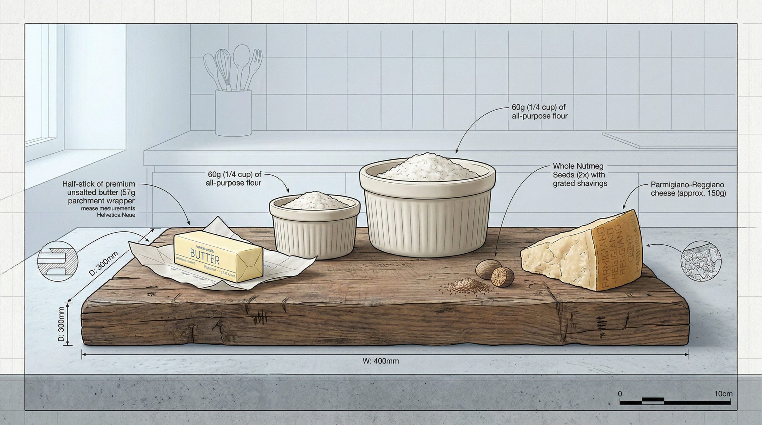 Butter, all-purpose flour, whole milk, nutmeg, and Parmesan arranged for making bechamel sauce