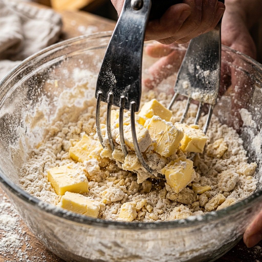Extreme close-up action shot using a pastry cutter to cut cold butter into flour to create coarse crumbs