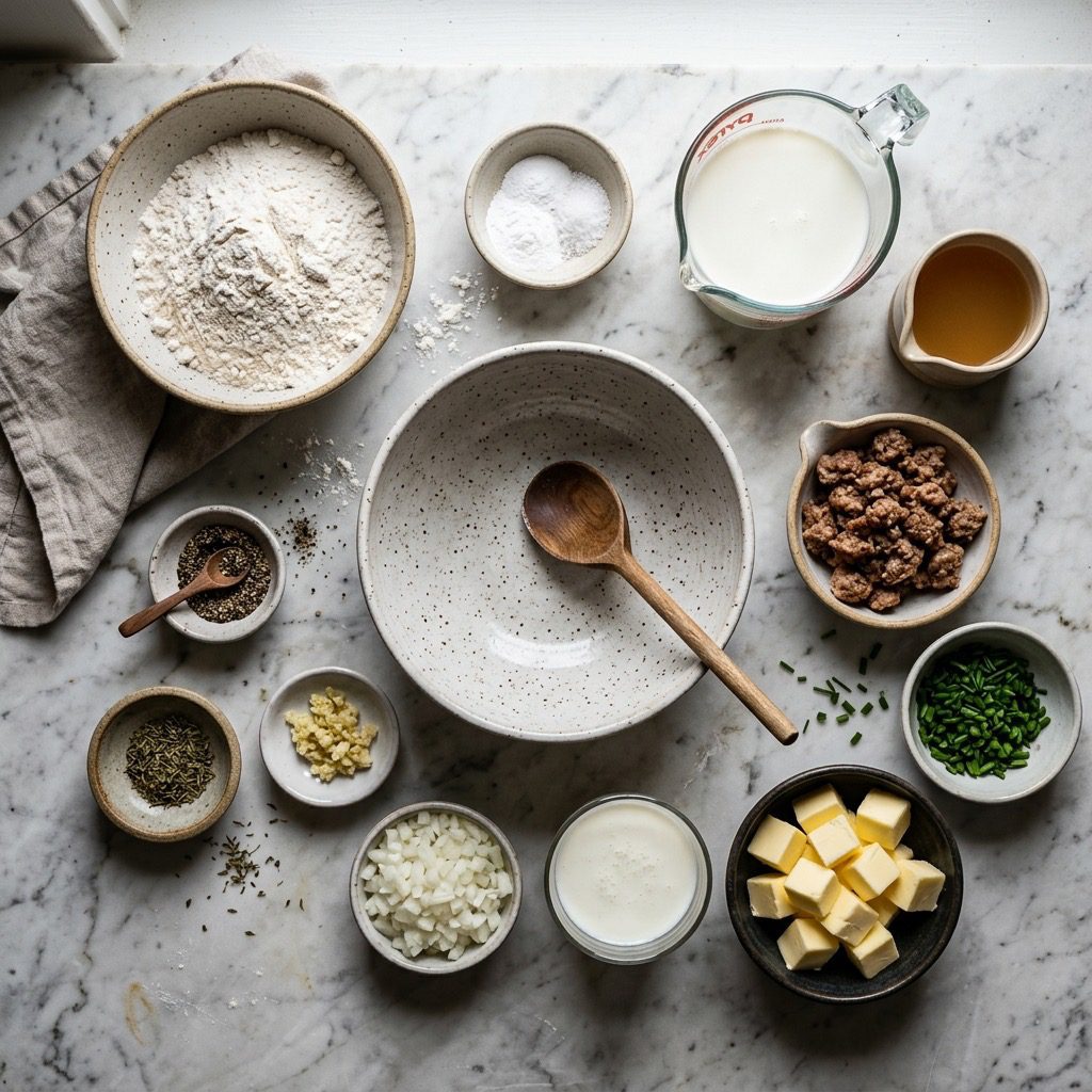 Overhead prep shot of flour, butter, buttermilk, chives, sausage, onion, garlic, stock, milk, and spices on marble