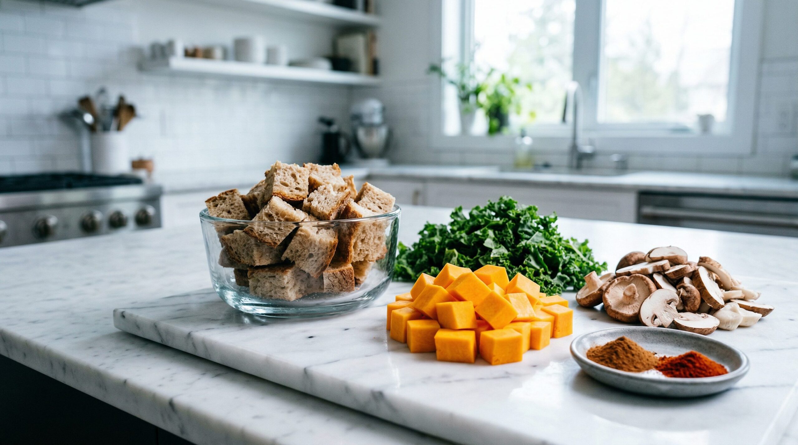 Ingredients for Roasted Butternut Squash and Wild Mushroom Dressing arranged for preparation