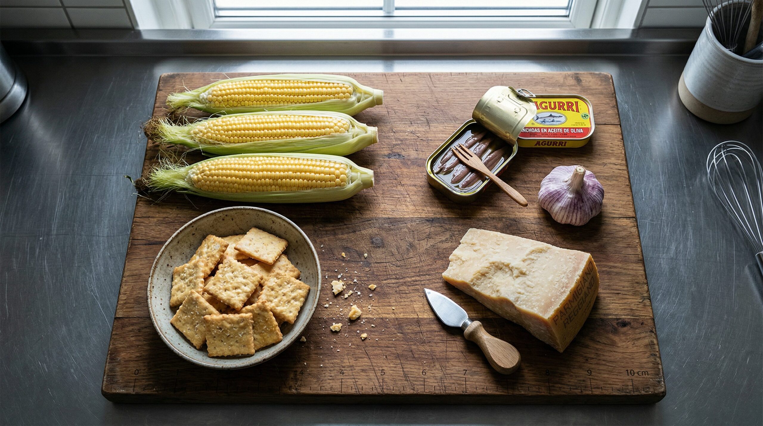 Ears of corn, Romaine, Parmesan, and Caesar dressing ingredients arranged for a street corn Caesar salad