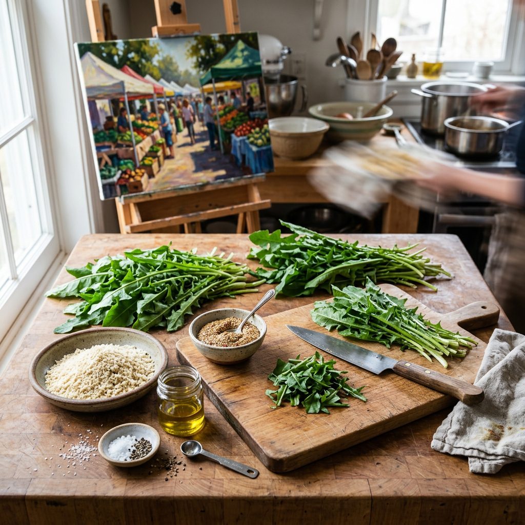 An atmospheric, overhead prep shot of a busy kitchen counter with raw bunches of fresh green dandelion leaves.