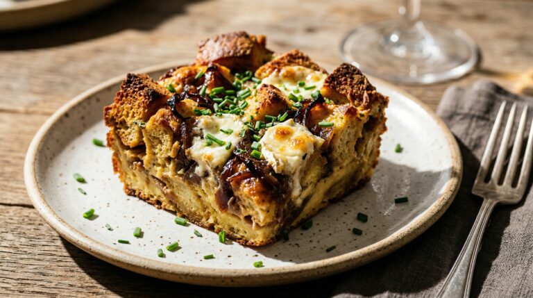 Stunning plated serving of Caramelized Onion & Goat Cheese Bread Pudding, a chef-tested recipe by Chef Jorj Morgan.