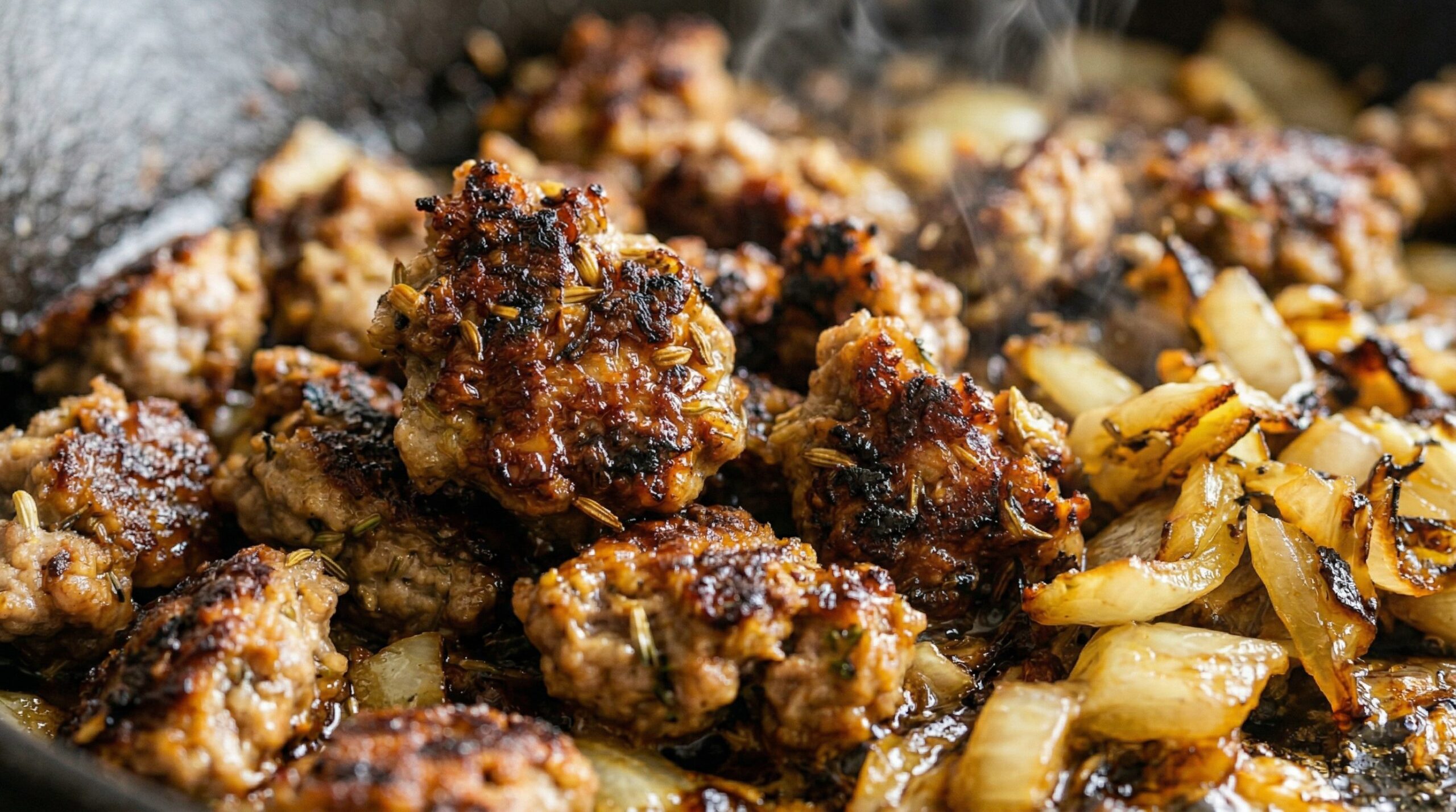 Italian sausage and chopped fennel browning in a skillet, broken into fine crumbles with a wooden spoon