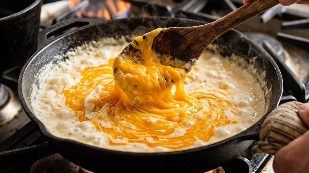 Cheddar and hot sauce being stirred into melted cream cheese in a cast-iron skillet until smooth and orange