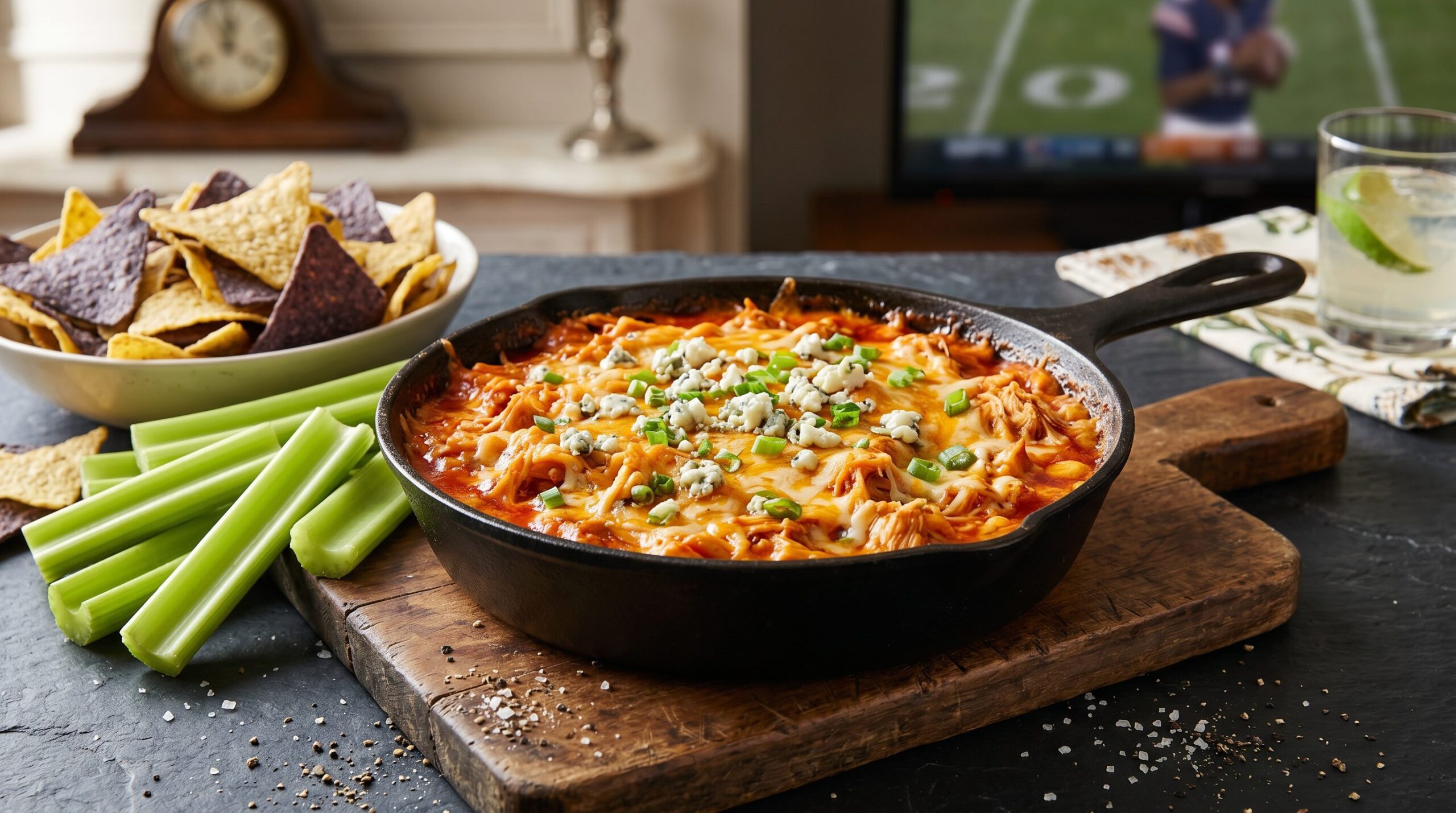 Stunning plated serving of Cast-Iron Buffalo Chicken Dip, a chef-tested recipe by Chef Jorj Morgan.