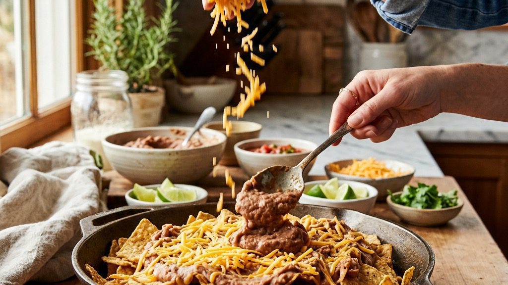 A skillet of nachos with melted cheddar bubbling, fresh from the oven before topping