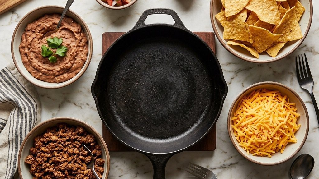 Tortilla chips, shredded cheddar, refried beans, and chili-seasoned ground beef layered in a cast-iron skillet