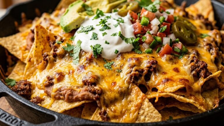 Stunning plated serving of Cast Iron Skillet Nachos, a chef-tested recipe by Chef Jorj Morgan.