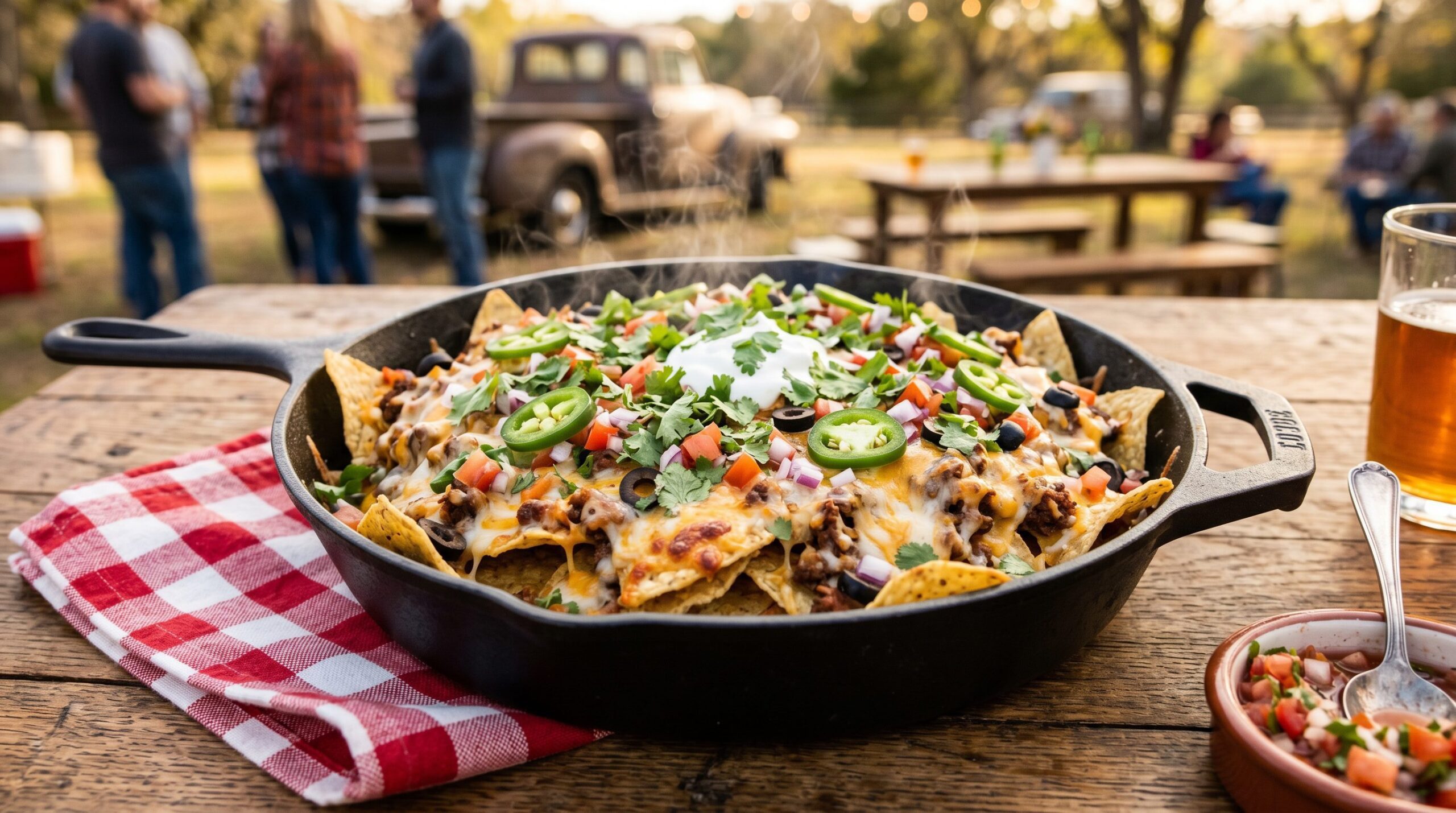 Stunning plated serving of Cast Iron Skillet Nachos, a chef-tested recipe by Chef Jorj Morgan.