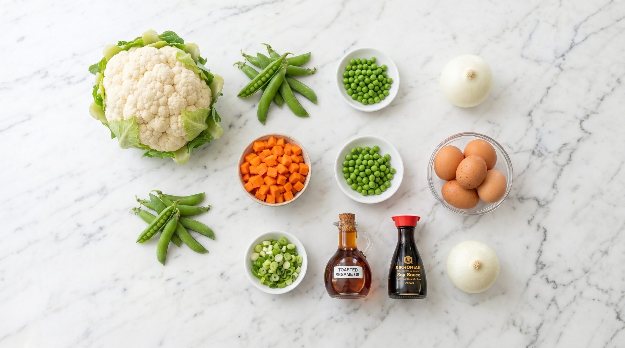 Riced cauliflower, diced carrots, peas, white onion, green onions, eggs, and sesame oil arranged for cauliflower fried rice
