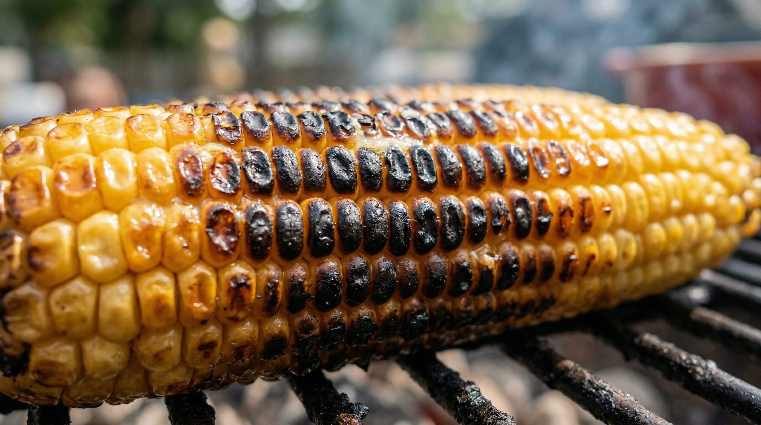 Grilled charred corn kernels being cut from the cob for a salad