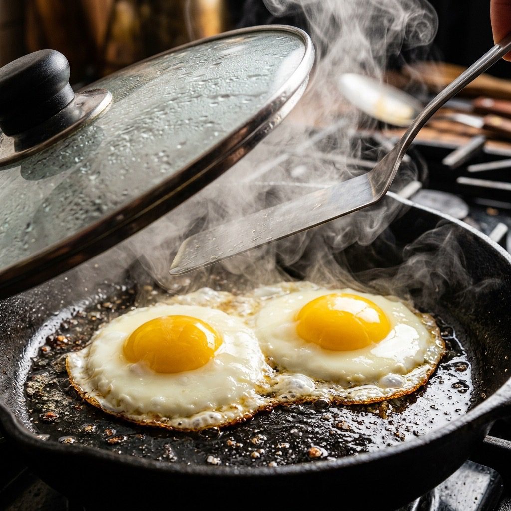 Extreme close-up action shot lifting the lid off a hot skillet to reveal perfectly glazed sunny-side-up eggs