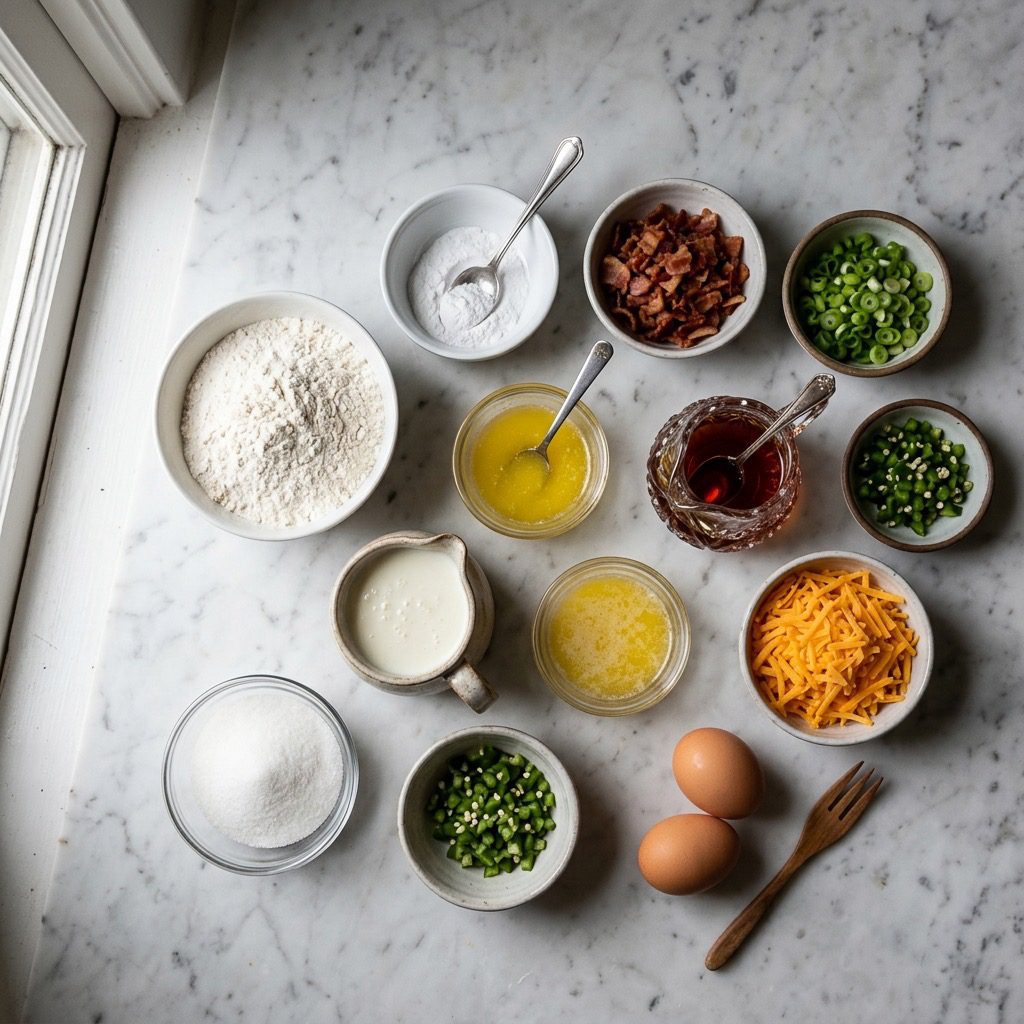 Overhead prep shot of flour, buttermilk, butter, bacon, cheddar, green onions, jalapeño, maple syrup, and eggs on marble