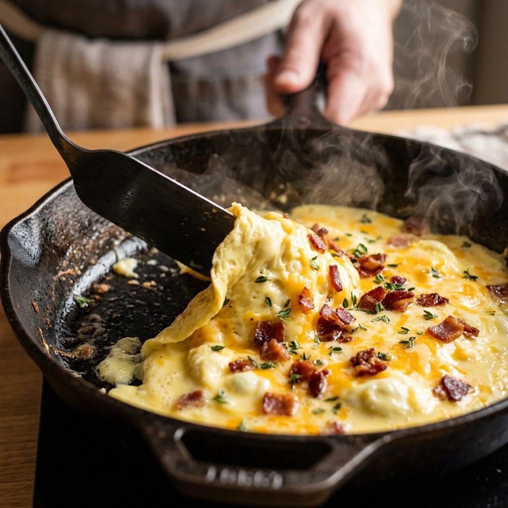 Extreme close-up of eggs cooking in a dark cast-iron skillet, forming an omelet with melted cheddar cheese and crumbled bacon