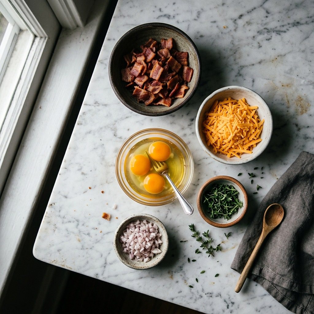 Overhead prep shot of glass bowl of cracked eggs, crumbled bacon, grated cheddar cheese, fresh thyme, and diced shallots on marble