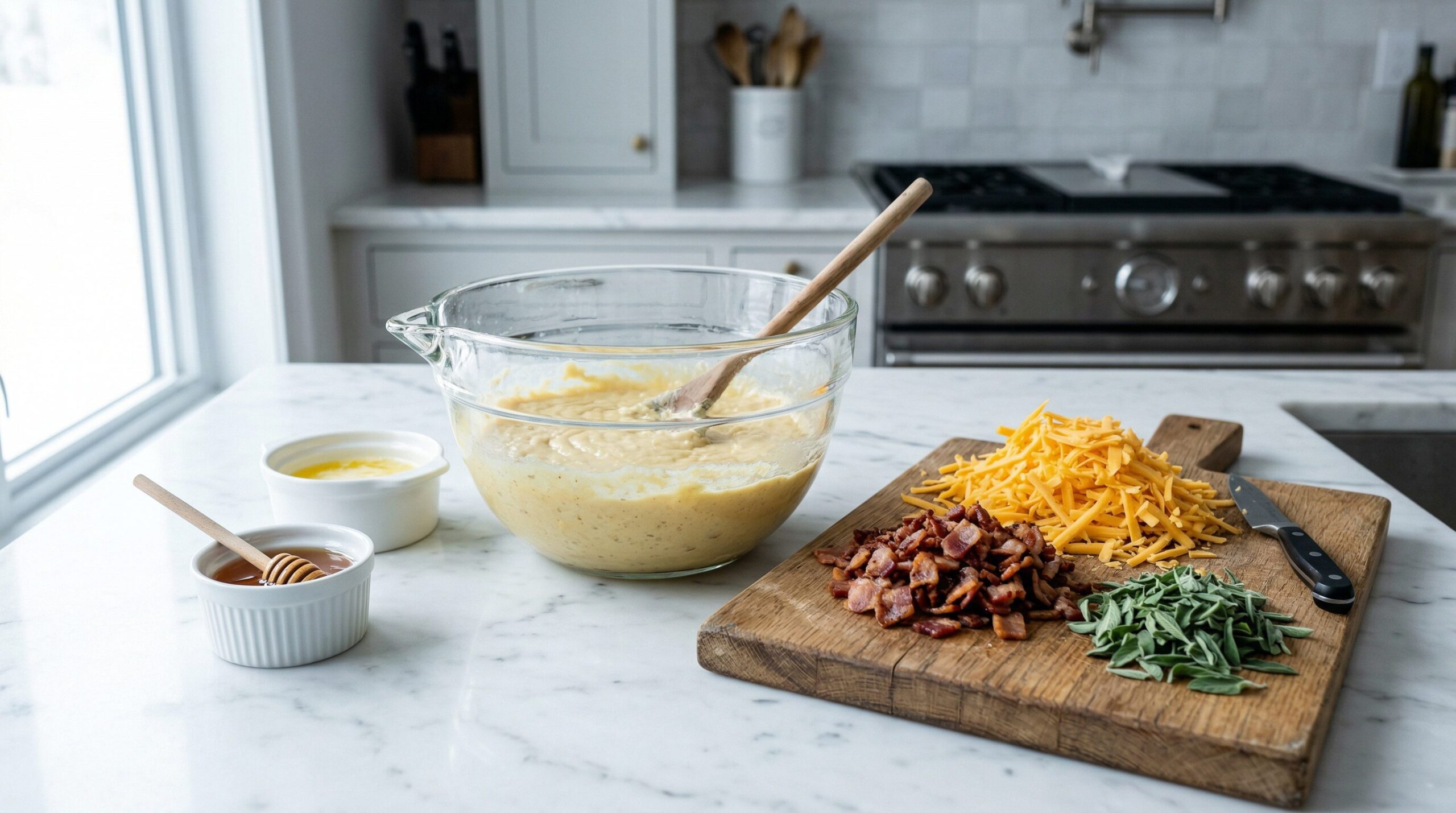 Overhead of quick bread batter studded with grated sharp cheddar, crisp diced bacon, and chopped fresh sage in a ceramic bowl