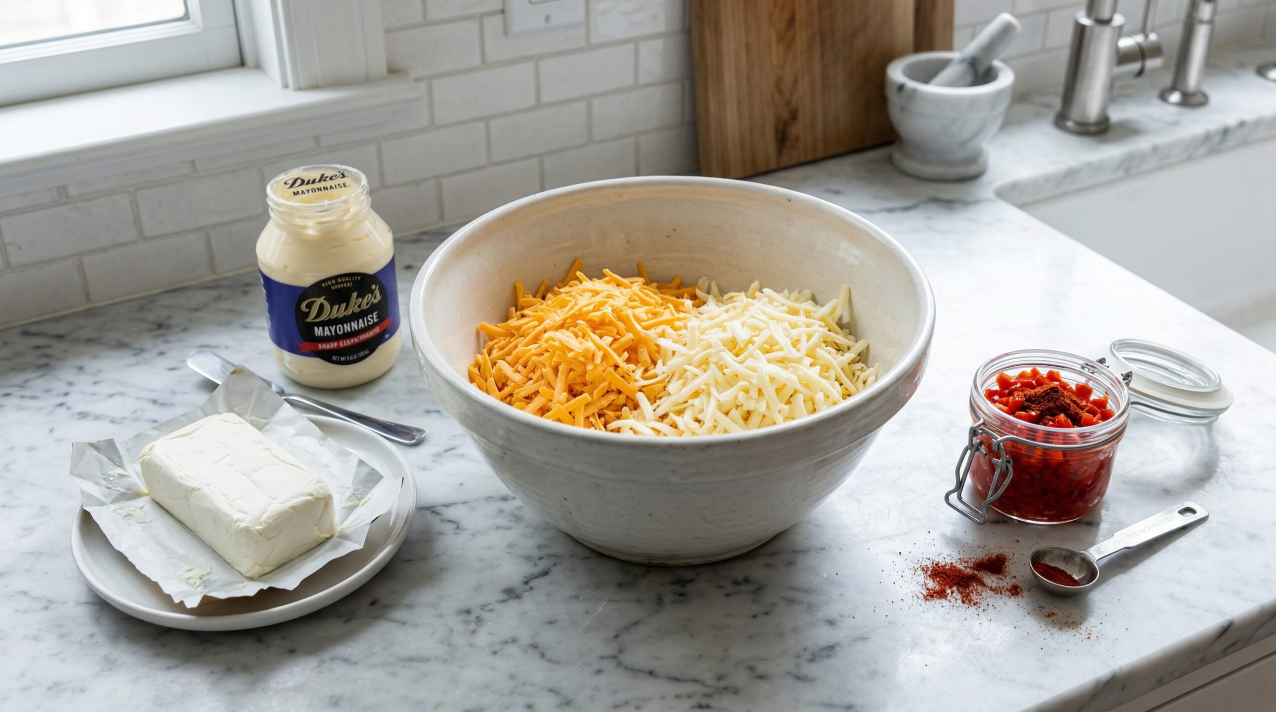 Sharp cheddar, Monterey Jack, cream cheese, and diced pimentos arranged for pimento cheese
