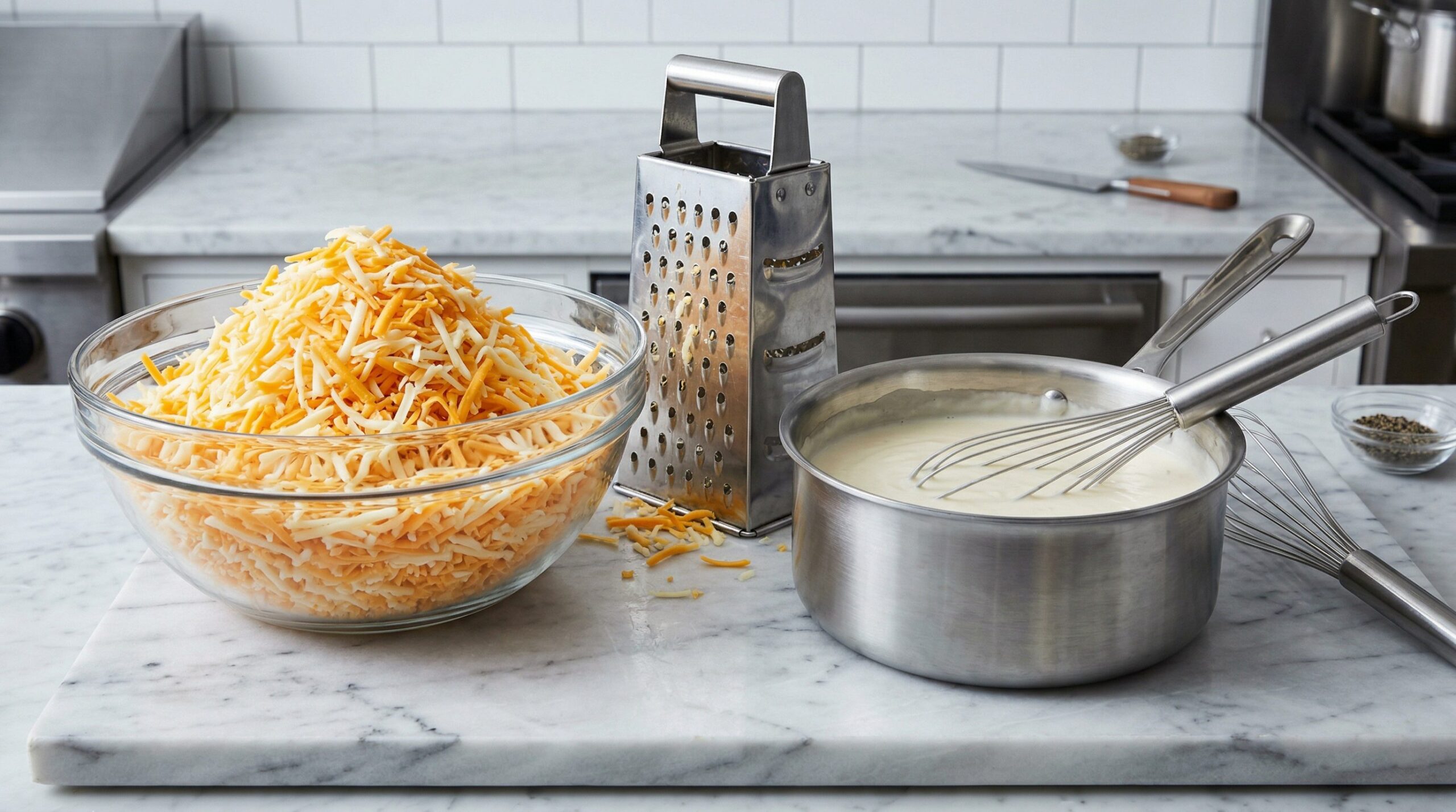 Freshly grated sharp cheddar and Monterey Jack cheese beside a saucepan of hot white bechamel