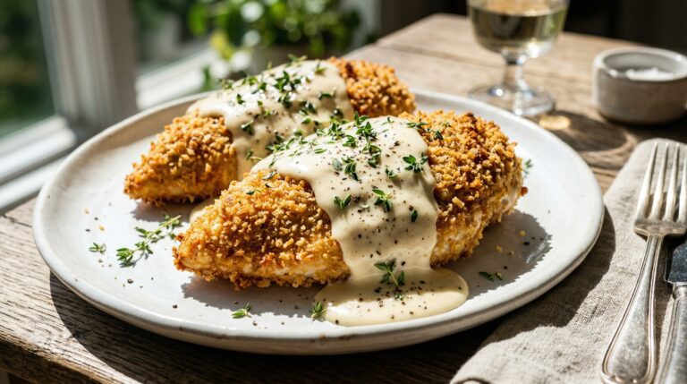 Stunning plated serving of Crispy Cracker-Crusted Baked Chicken Breasts, a chef-tested recipe by Chef Jorj Morgan.
