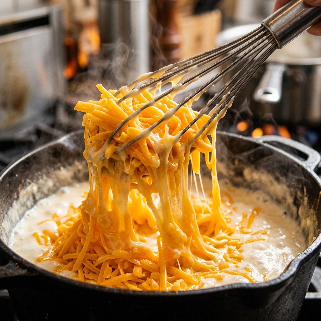 Extreme close-up action shot of a silver whisk vigorously stirring melted orange cheddar cheese into hot white sauce, creating glossy cheese pulls