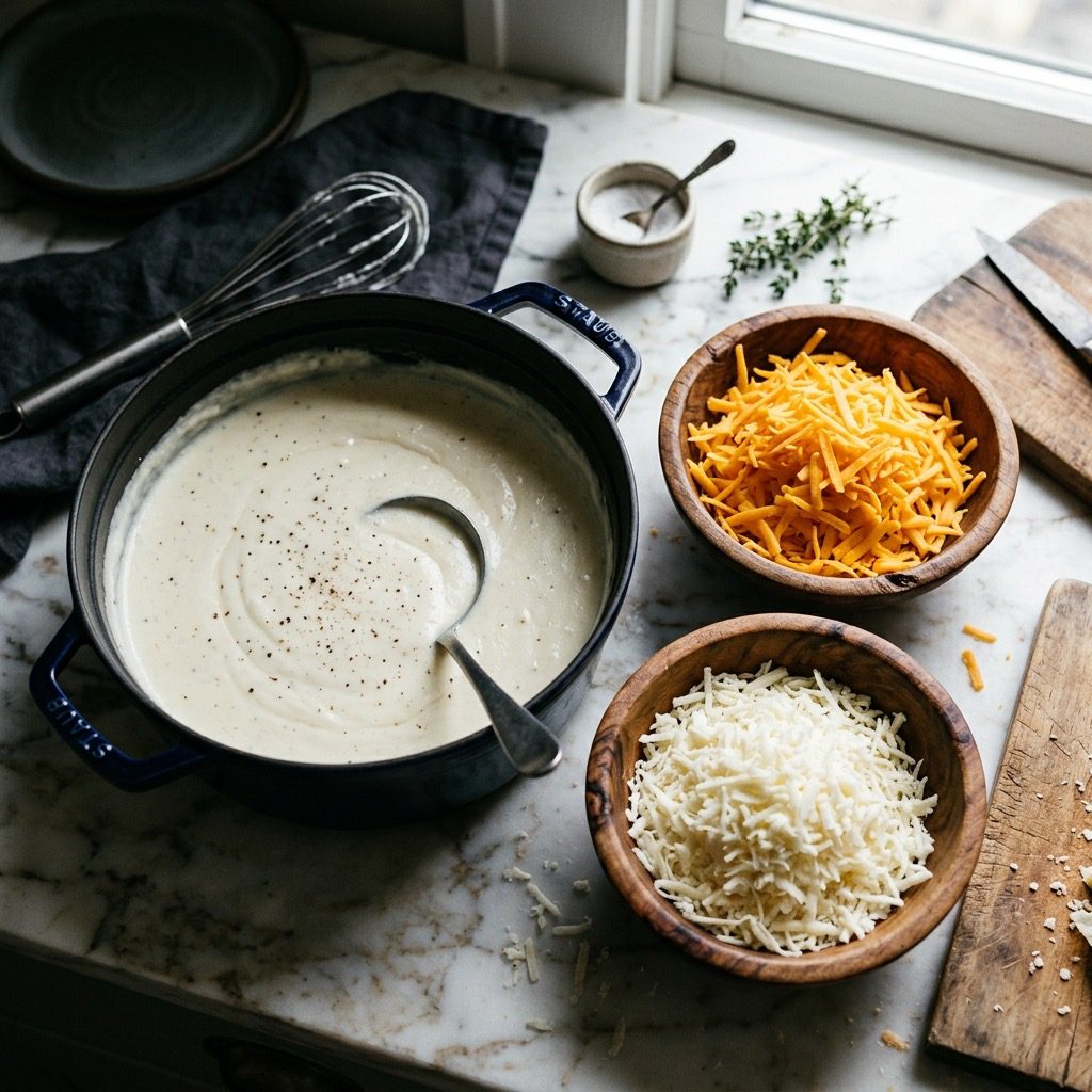Overhead prep shot of a pot of white béchamel sauce alongside bowls of freshly grated cheddar and Monterey Jack cheeses on marble