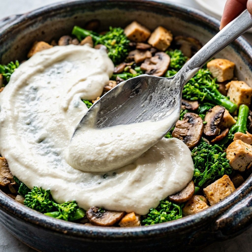 Extreme close-up action shot spreading ricotta cheese over a layer of fresh lasagna noodles, broccoli rabe, and diced chicken