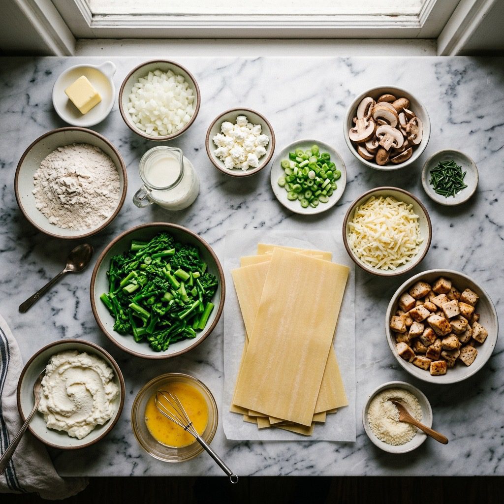 Overhead prep shot of butter, onion, flour, milk, goat cheese, mushrooms, broccoli rabe, ricotta, fresh lasagna sheets, mozzarella, cooked chicken, and Parmesan