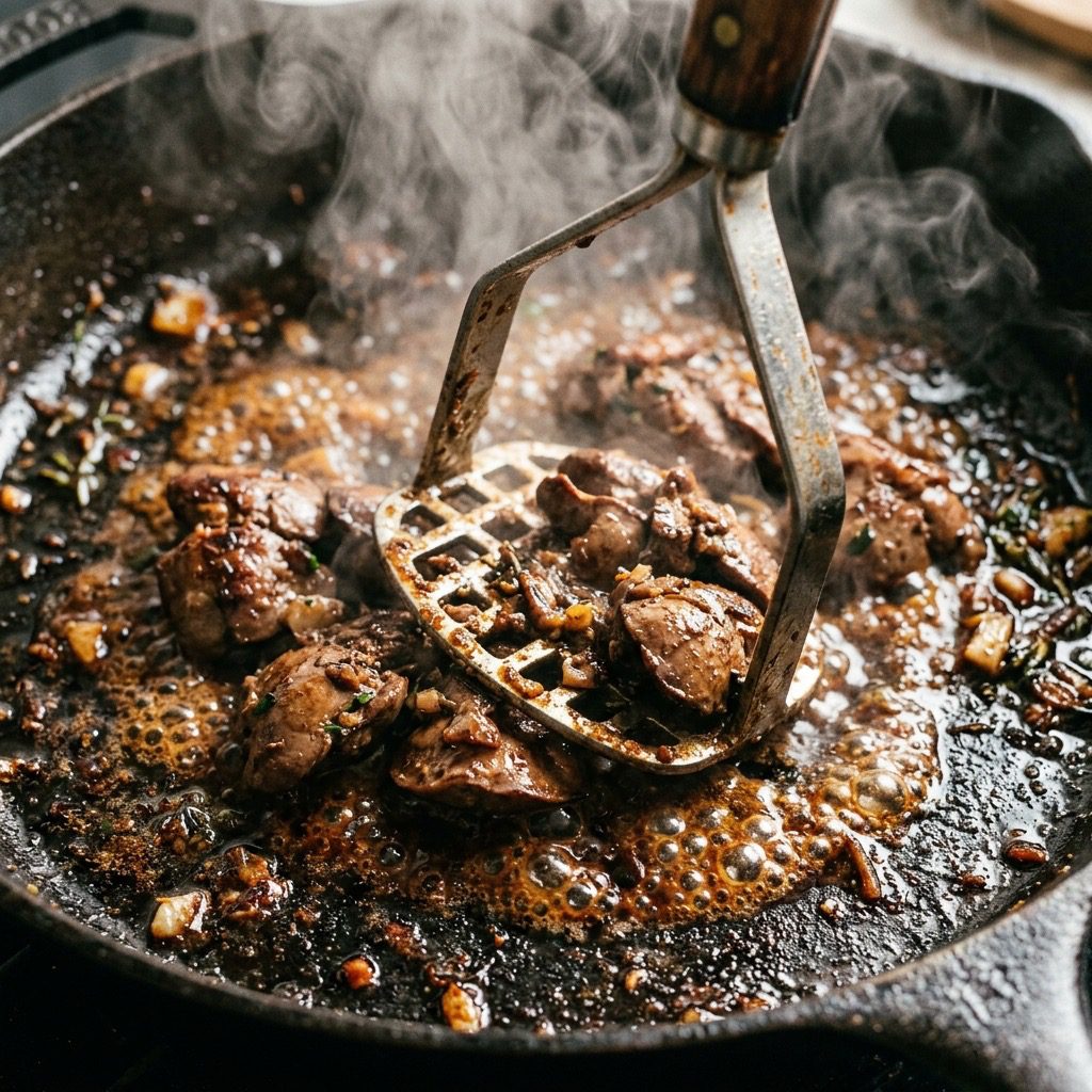 Extreme close-up action shot using a potato masher to break up chicken livers sizzling in sherry wine