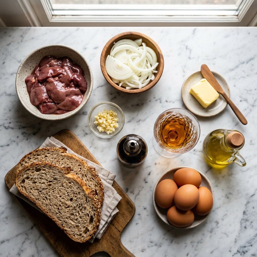 Overhead prep shot of raw chicken livers, onions, garlic, balsamic vinegar, sherry, butter, bread, and eggs on marble