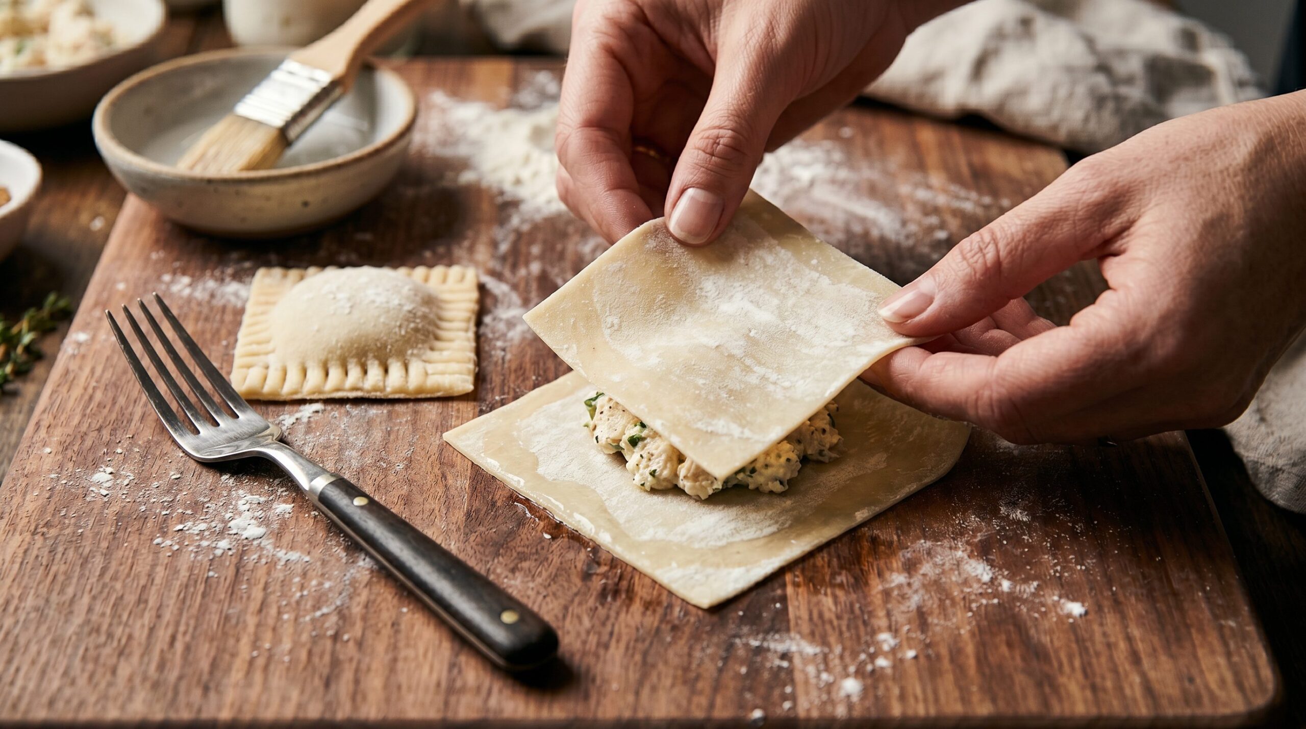 Hands sealing a wonton-wrapper ravioli, pressing out air and crimping the edges with a fork