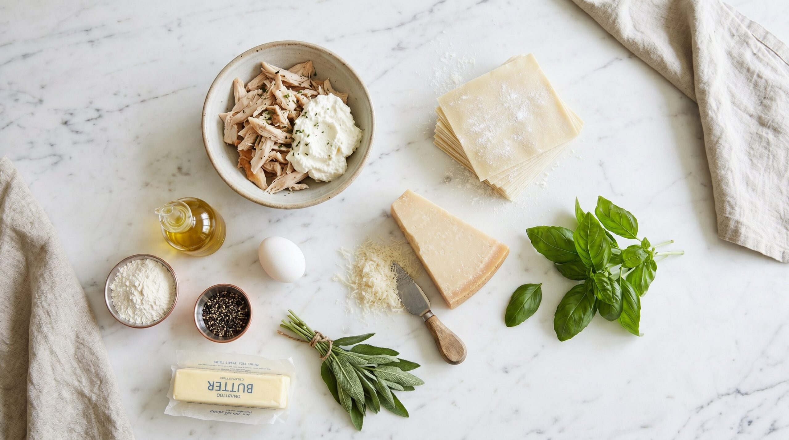 Wonton wrappers, cooked chicken, ricotta, basil, and Parmesan laid out to assemble ravioli