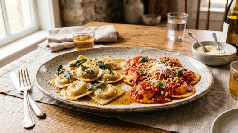 Stunning plated serving of Homemade Chicken Ravioli Two Ways, a chef-tested recipe by Chef Jorj Morgan.