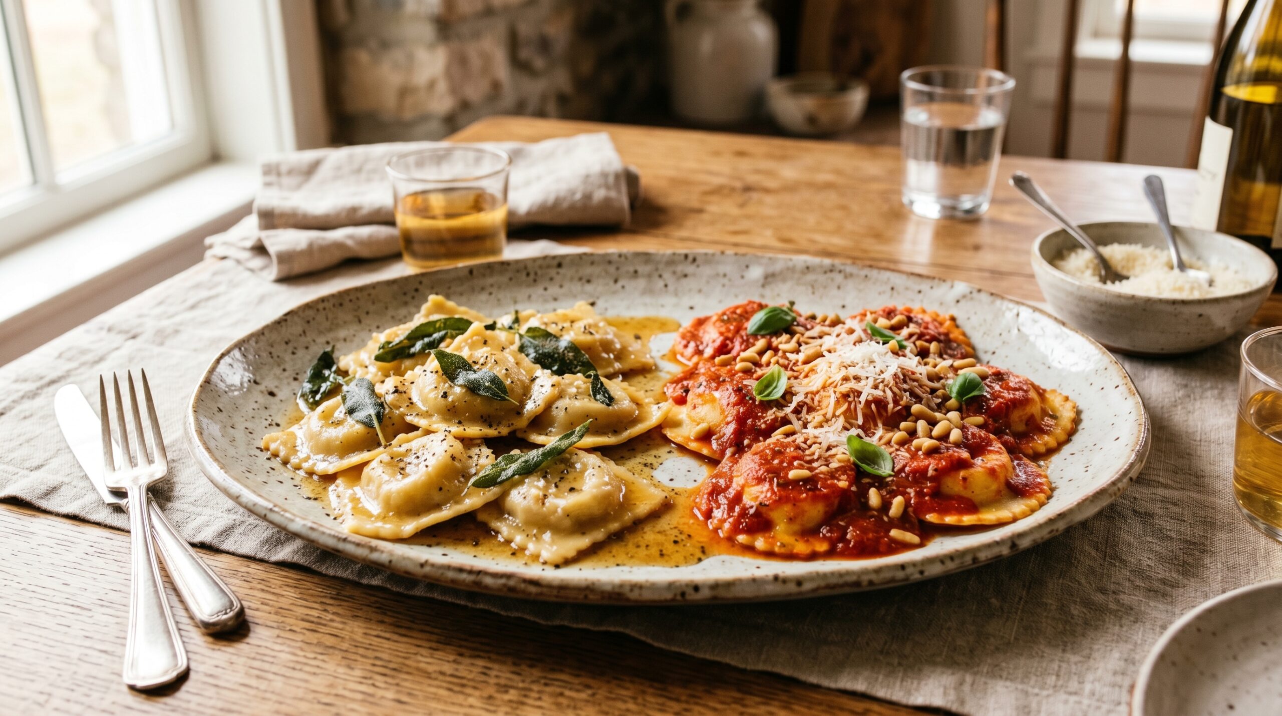 Stunning plated serving of Homemade Chicken Ravioli Two Ways, a chef-tested recipe by Chef Jorj Morgan.