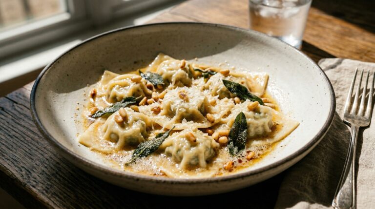 Stunning plated serving of Chicken & Ricotta Wonton Ravioli, a chef-tested recipe by Chef Jorj Morgan.