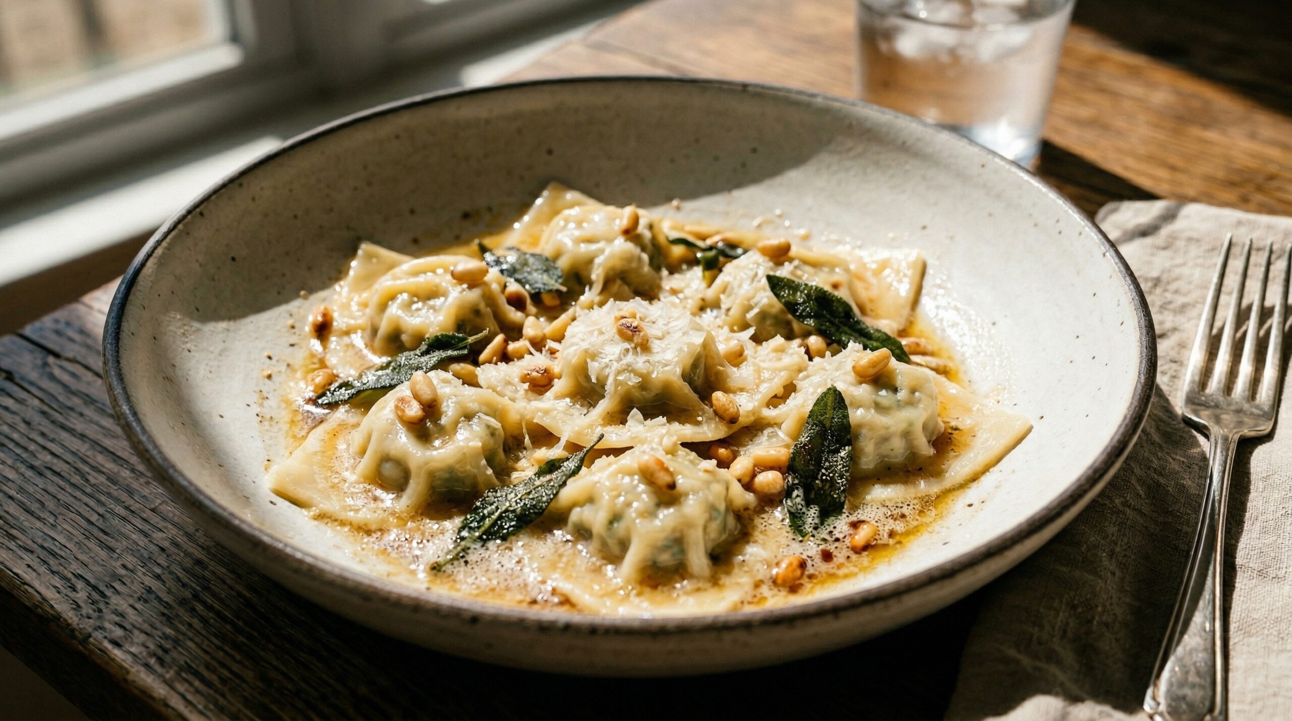 Stunning plated serving of Chicken & Ricotta Wonton Ravioli, a chef-tested recipe by Chef Jorj Morgan.