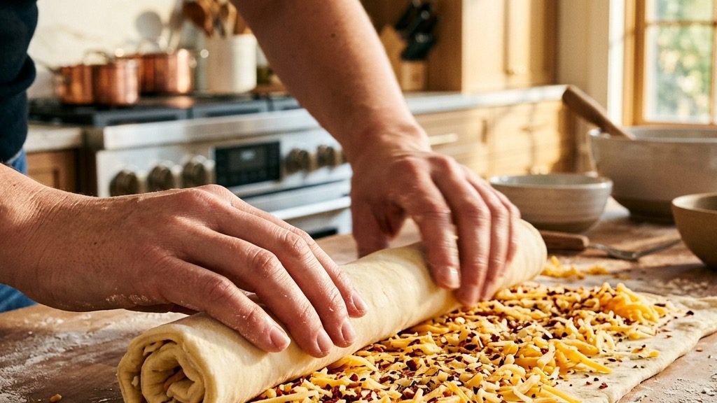 Chili Cheese Puff Pastry Pinwheels being prepared