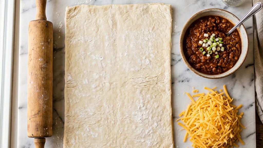 Ingredients for Chili Cheese Puff Pastry Pinwheels arranged for preparation