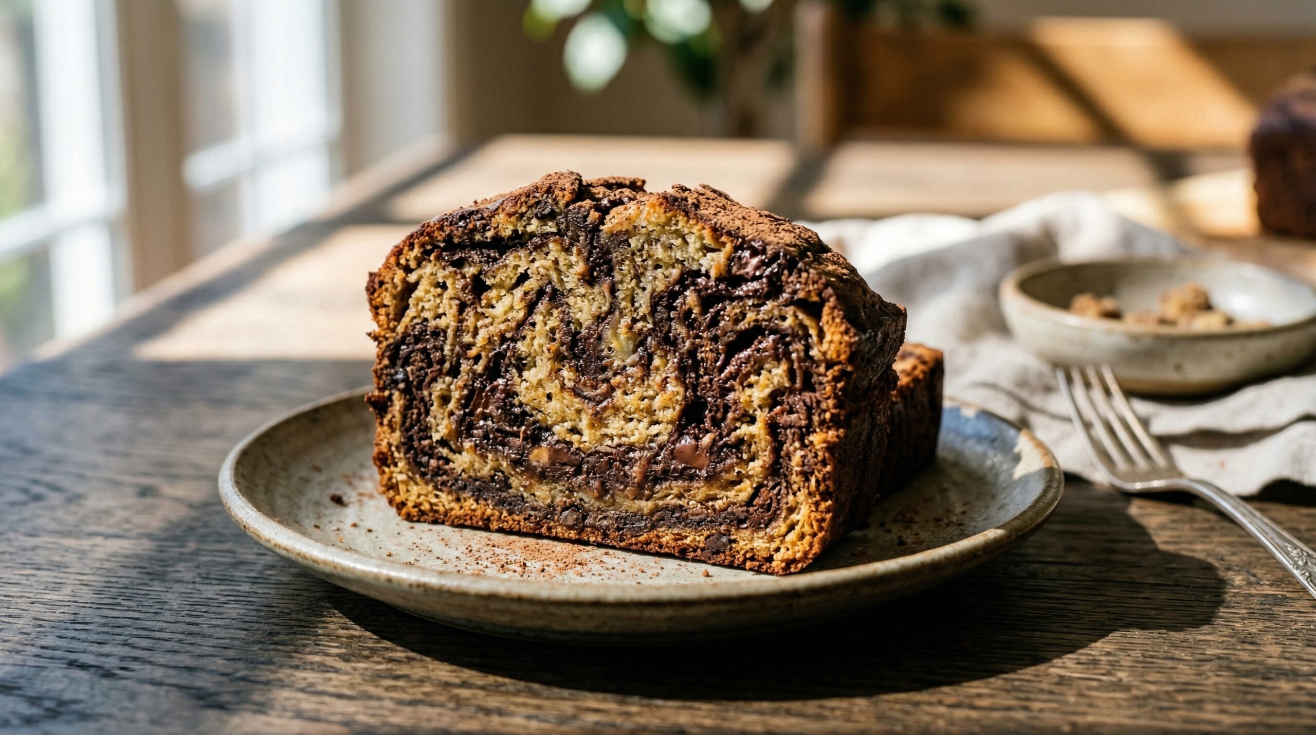 Stunning plated serving of Chocolate Swirl Sour Cream Banana Bread, a chef-tested recipe by Chef Jorj Morgan.